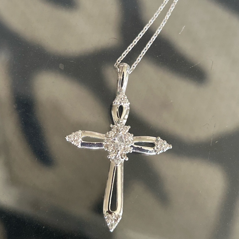 Pure Silver Cross Necklace with Cubic Zirconia Marquise Cut Diamond